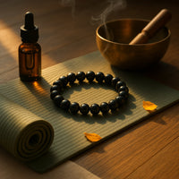 Macro close up of Black Tourmaline 8mm beads showing natural texture and polish