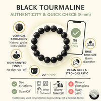 Infographic showing authenticity checks for natural Black Tourmaline and premium gift ready packaging with pouch and affirmation card