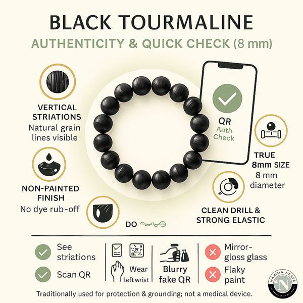 Infographic showing authenticity checks for natural Black Tourmaline and premium gift ready packaging with pouch and affirmation card