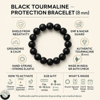 Infographic of Black Tourmaline bracelet benefits including protection from negativity and evil eye grounding focus and root chakra support
