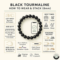 Infographic showing how to wear Black Tourmaline bracelet left hand to receive calm and right hand for action with simple steps