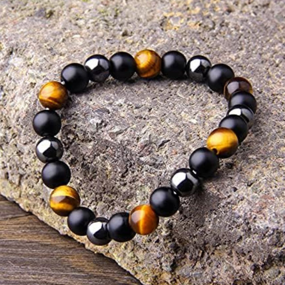Triple Protection Energy Bracelet 8 mm with Black Obsidian, Hematite and Tigers Eye by Nazima Agate, studio product photo for India.