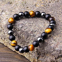 Triple Protection Energy Bracelet 8 mm with Black Obsidian, Hematite and Tigers Eye by Nazima Agate, studio product photo for India.
