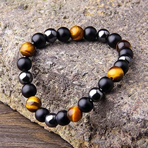 Triple Protection Energy Bracelet 8 mm with Black Obsidian, Hematite and Tigers Eye by Nazima Agate, studio product photo for India.